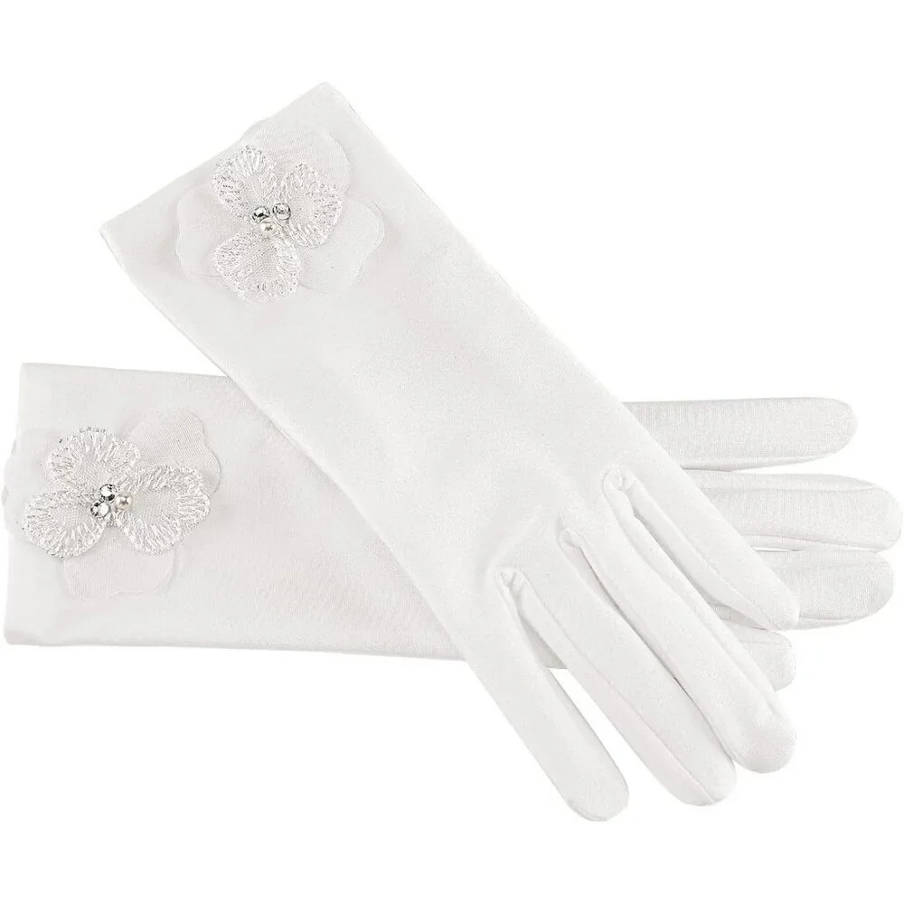 Women's Special White Flower Short Satin Gloves Formal Dress Wedding Dancing